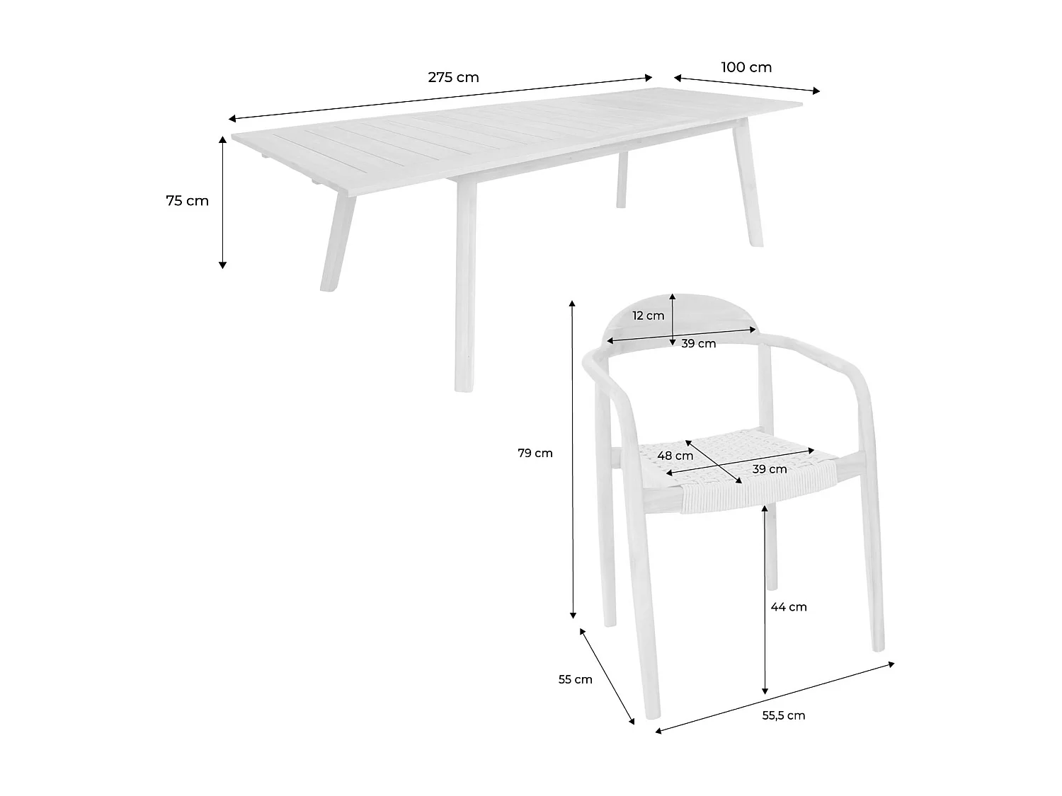 Table de jardin extensible bois d'acacia + 8 assises PALENA et CERINA  naturel et beige 275 x 100 x 75 cm