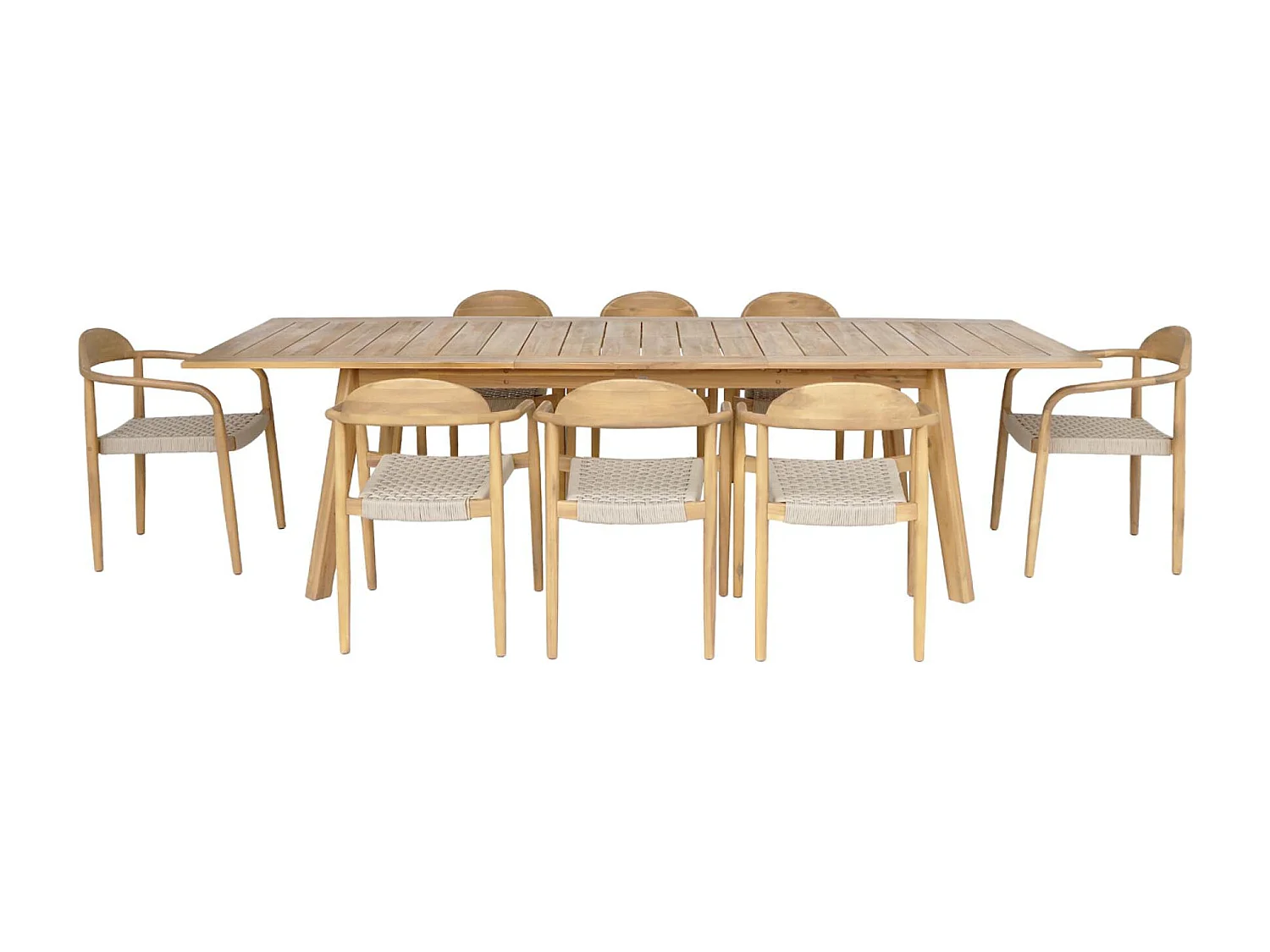 Table de jardin extensible bois d'acacia + 8 assises PALENA et CERINA  naturel et beige 275 x 100 x 75 cm