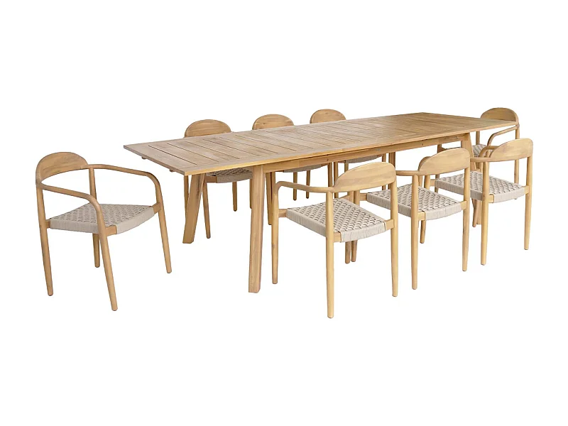 Tavolo da giardino in legno di acacia, 8 poltrone, marrone naturale