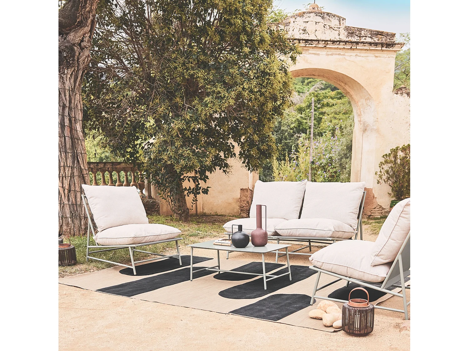 Salotto da giardino in acciaio e textilene a 4 posti, verde kaki