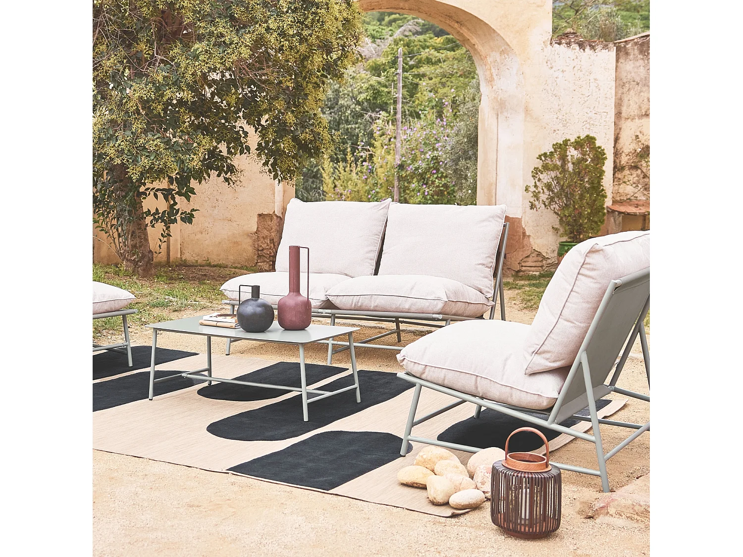 Salotto da giardino in acciaio e textilene a 4 posti, verde kaki