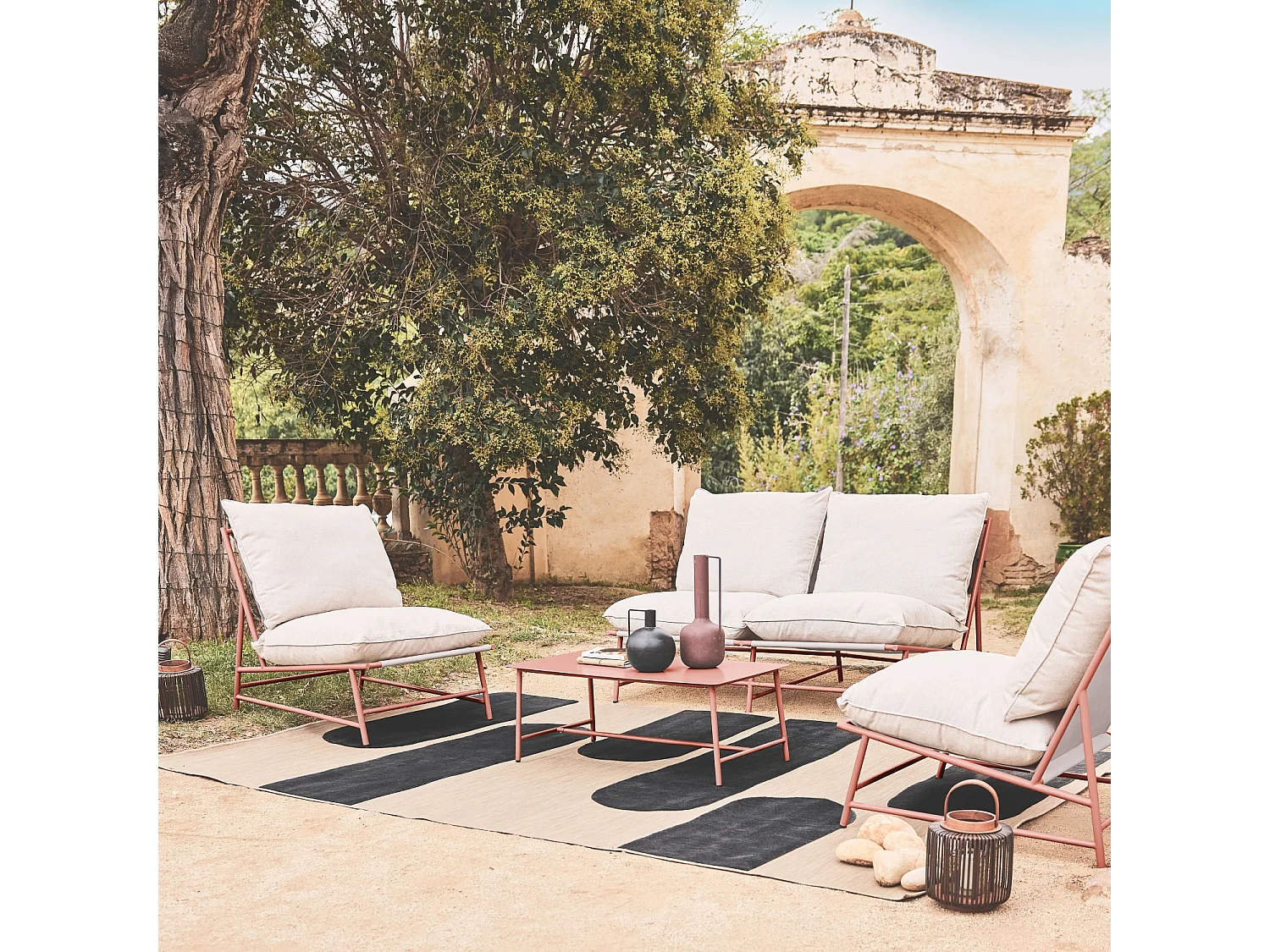 Salon de jardin acier SOFIA terracotta et beige. 4 places. table rectangulaire