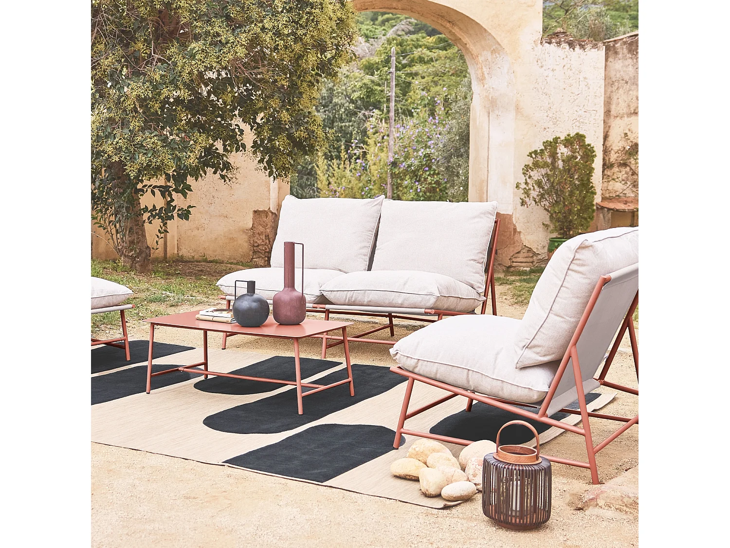 Salon de jardin acier SOFIA terracotta et beige. 4 places. table rectangulaire