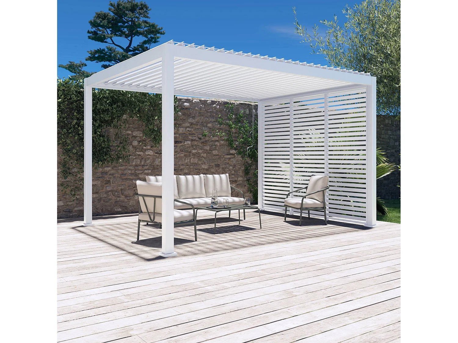Pergola bioclimatique Triomphe 3x4 + 3 persiennes 100cm pour le côté de 3m. panneau brise vue. L 400 x P 300 x H 250 cm