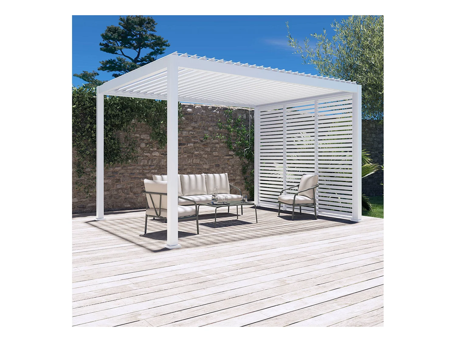 Pergola bioclimatica 3x4 in alluminio + 3 tende da 100cm, bianco