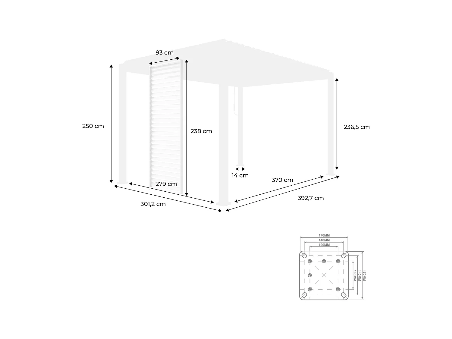 Pergola bioclimatica 3x4 in alluminio + 3 tende da 100cm, bianco