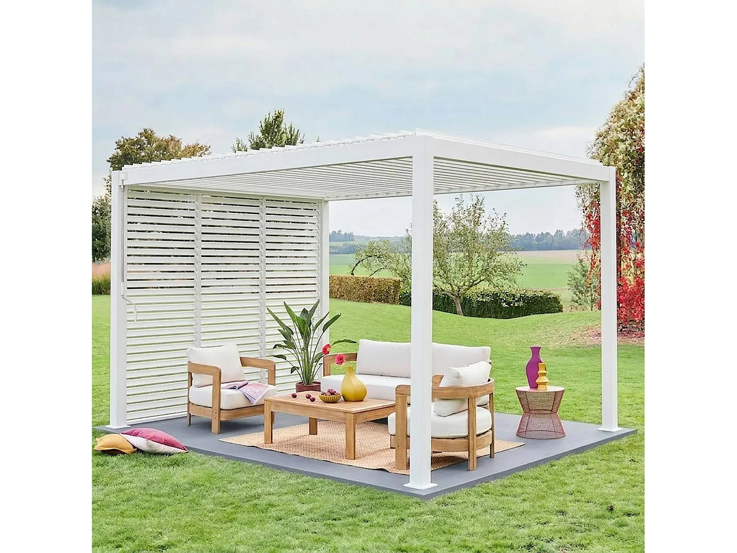 Pérgola bioclimática de aluminio 3x4m + 3 persianas de 1m blanco
