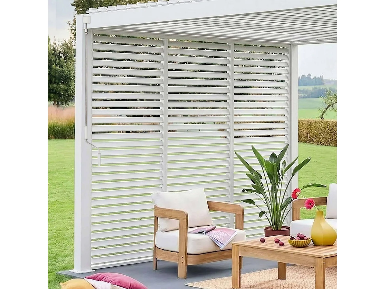 Pérgola bioclimática de aluminio 3x4m + 3 persianas de 1m blanco