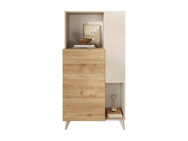 CARLO - Rangement 2 portes 2 Niches Laqué Beige et Aspect Bois Finition Cadiz