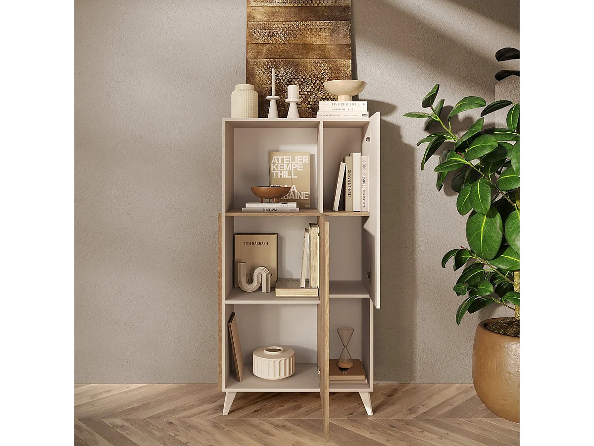 CARLO - Rangement 2 portes 2 Niches Laqué Beige et Aspect Bois Finition Cadiz