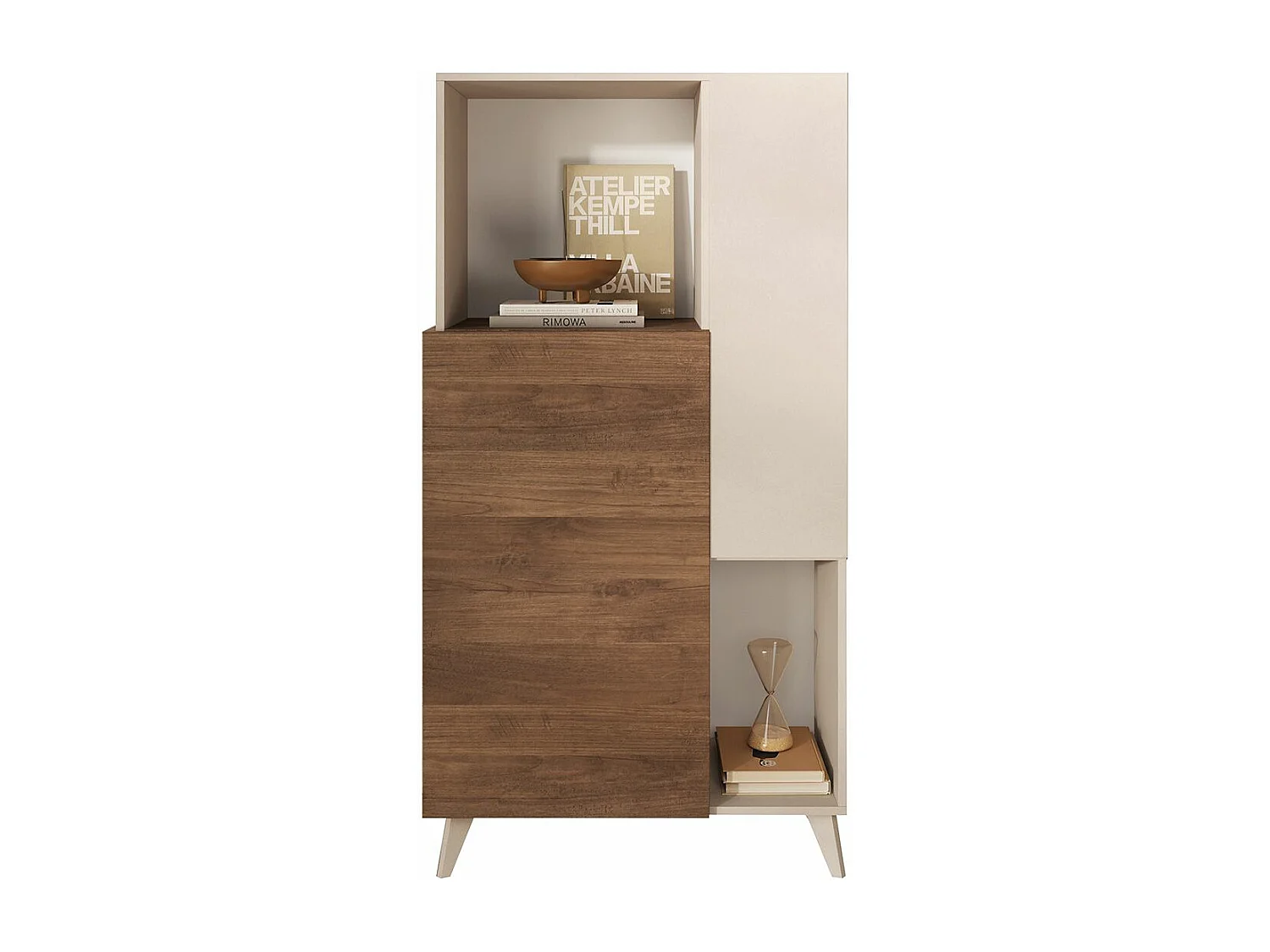 CARLO - Rangement 2 portes 2 Niches Laqué Beige et Aspect Bois Finition Mercure