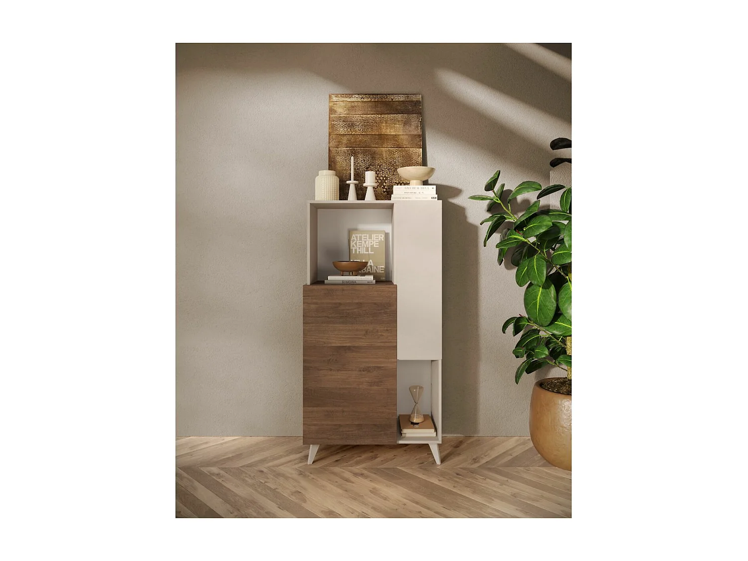 CARLO - Rangement 2 portes 2 Niches Laqué Beige et Aspect Bois Finition Mercure