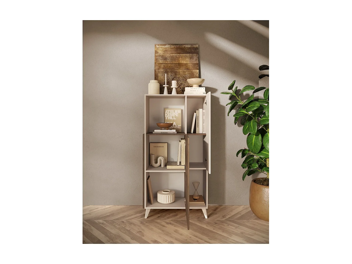 CARLO - Rangement 2 portes 2 Niches Laqué Beige et Aspect Bois Finition Mercure