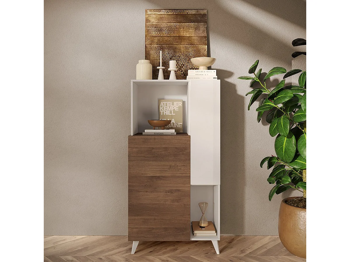 CARLO - Rangement 2 portes 2 Niches Laqué Blanc et Aspect Bois Finition Mercure