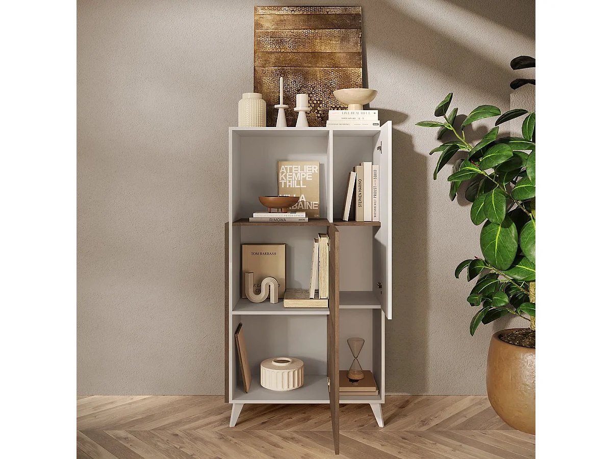 CARLO - Rangement 2 portes 2 Niches Laqué Blanc et Aspect Bois Finition Mercure