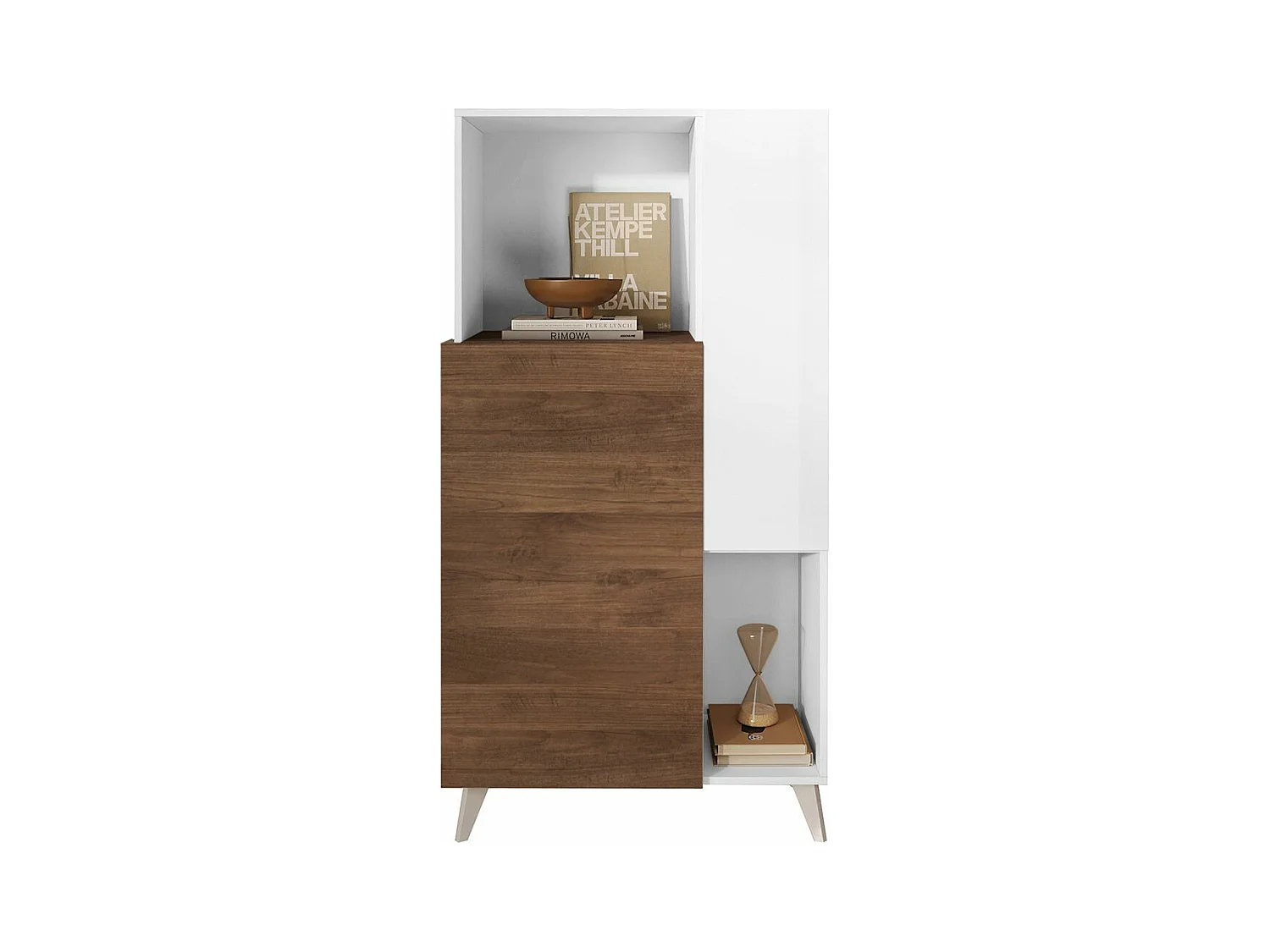CARLO - Rangement 2 portes 2 Niches Laqué Blanc et Aspect Bois Finition Mercure