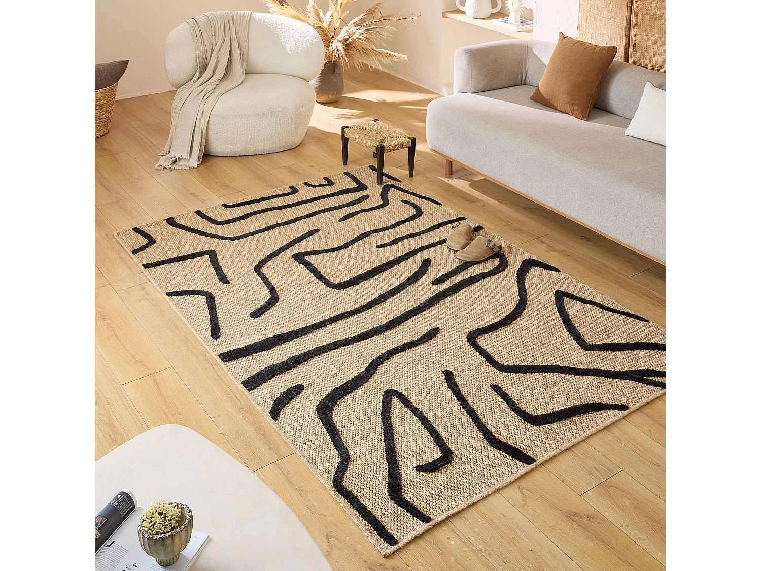 Tapis de salon aspect jute à motif géométrique noir 120x170 cm