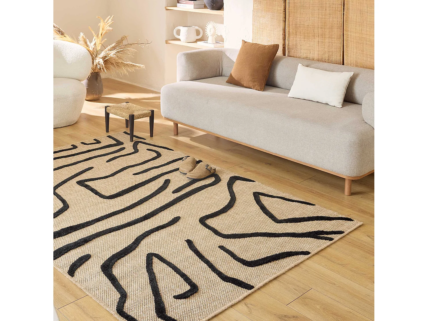 Tapis de salon aspect jute à motif géométrique noir 120x170 cm