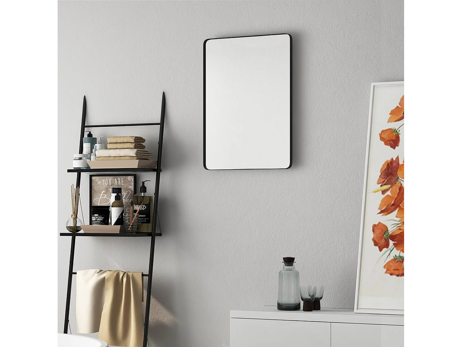 Miroir de salle de bain avec film antidéflagrant, miroir rectangulaire, noir