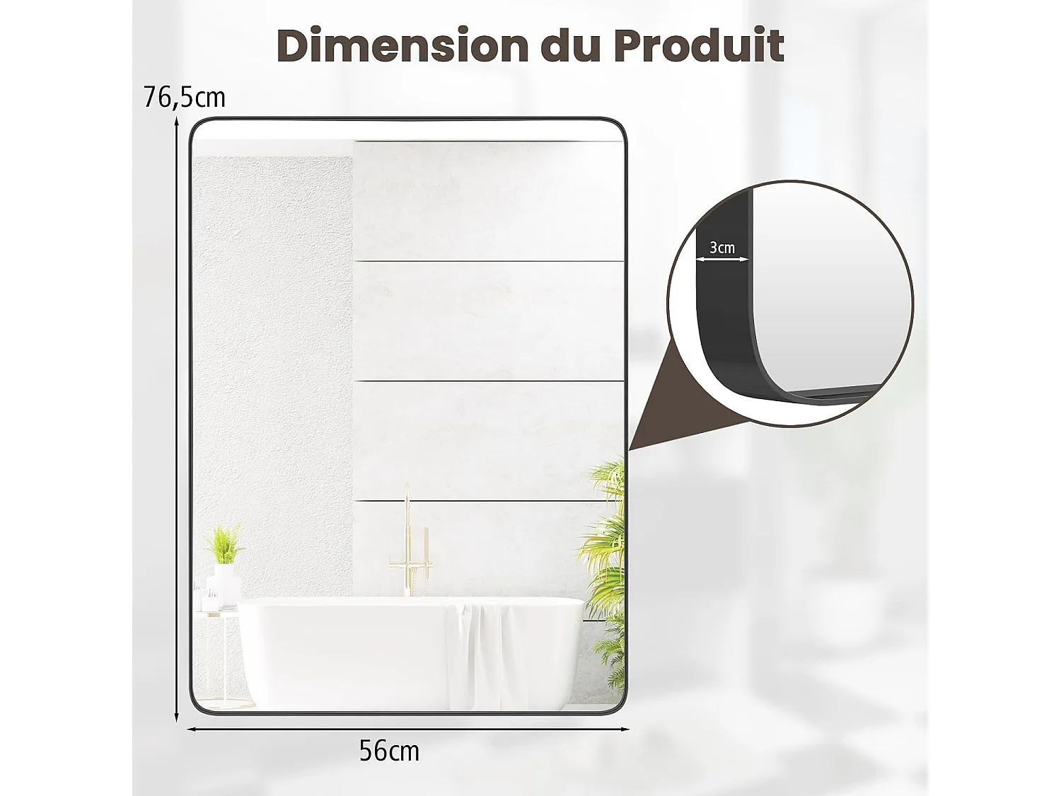 Miroir de salle de bain avec film antidéflagrant, miroir rectangulaire, noir