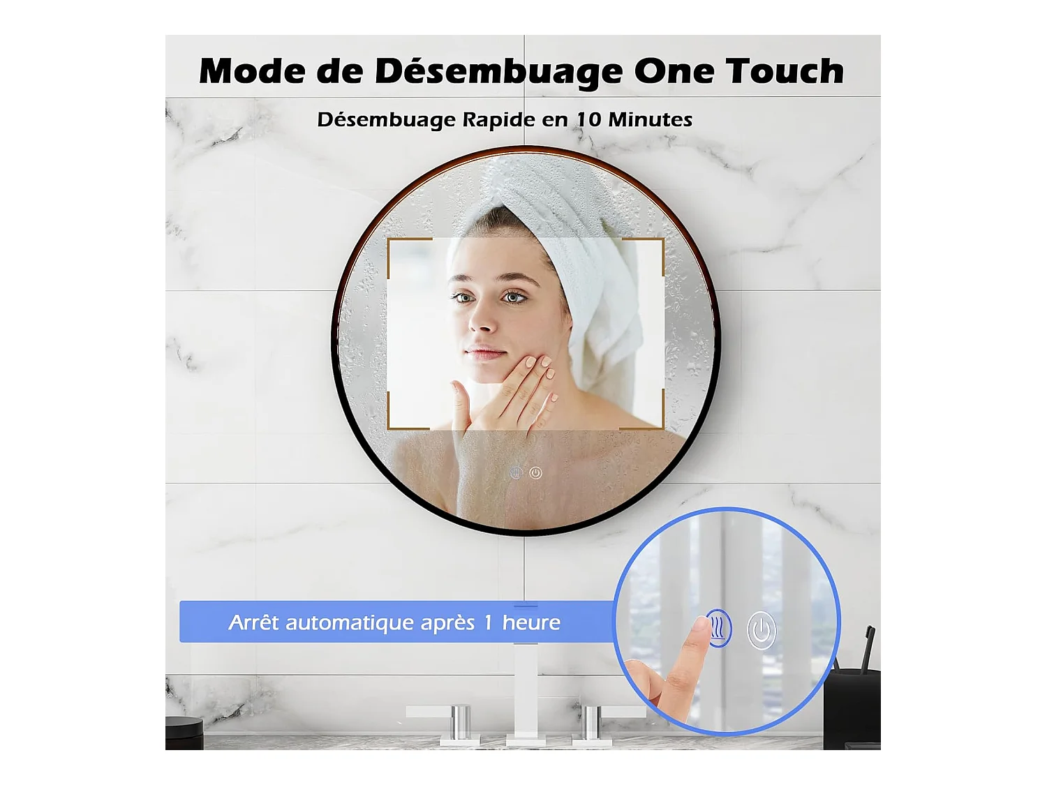Miroir salle de bain avec eclairage 60 x 60 cm, miroir mural, interrupteur tactile