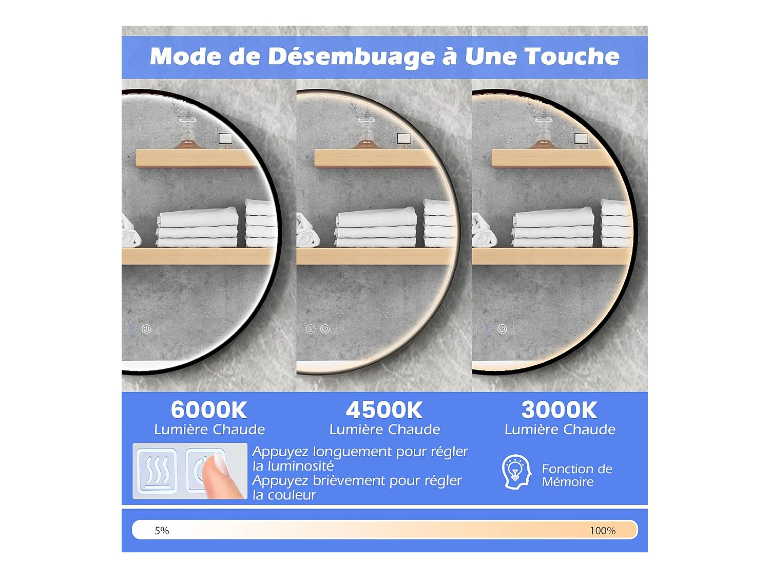 Miroir salle de bain avec eclairage 60 x 60 cm, miroir mural, interrupteur tactile