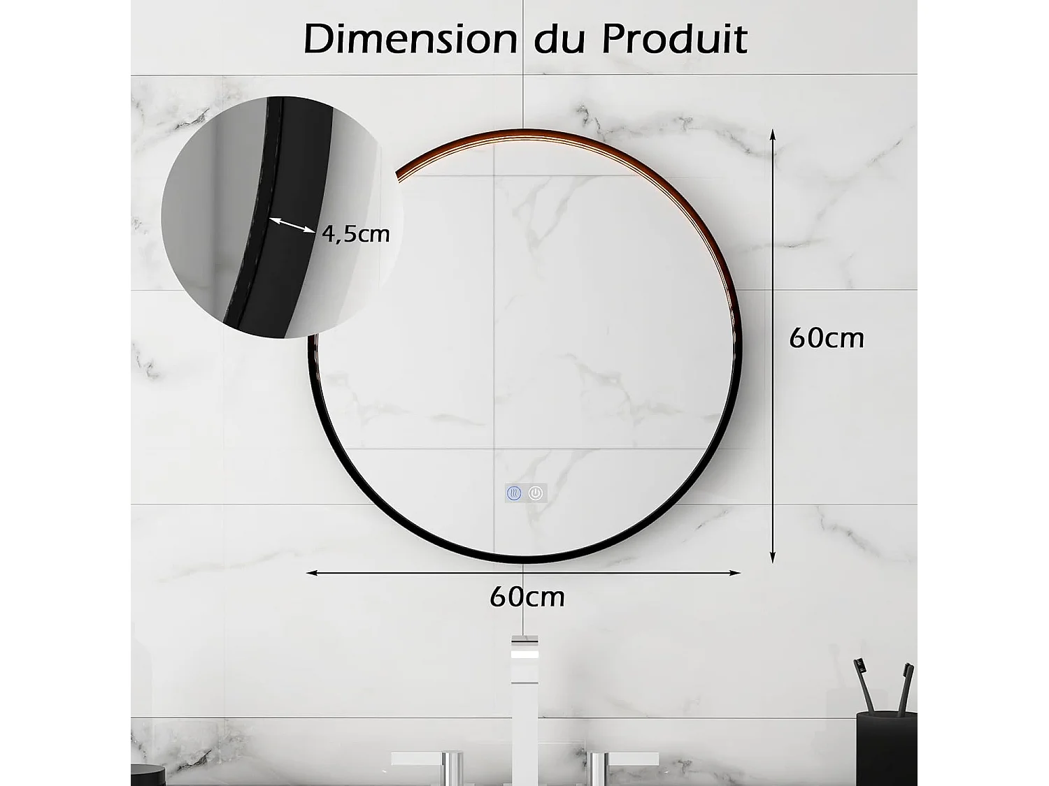 Miroir salle de bain avec eclairage 60 x 60 cm, miroir mural, interrupteur tactile