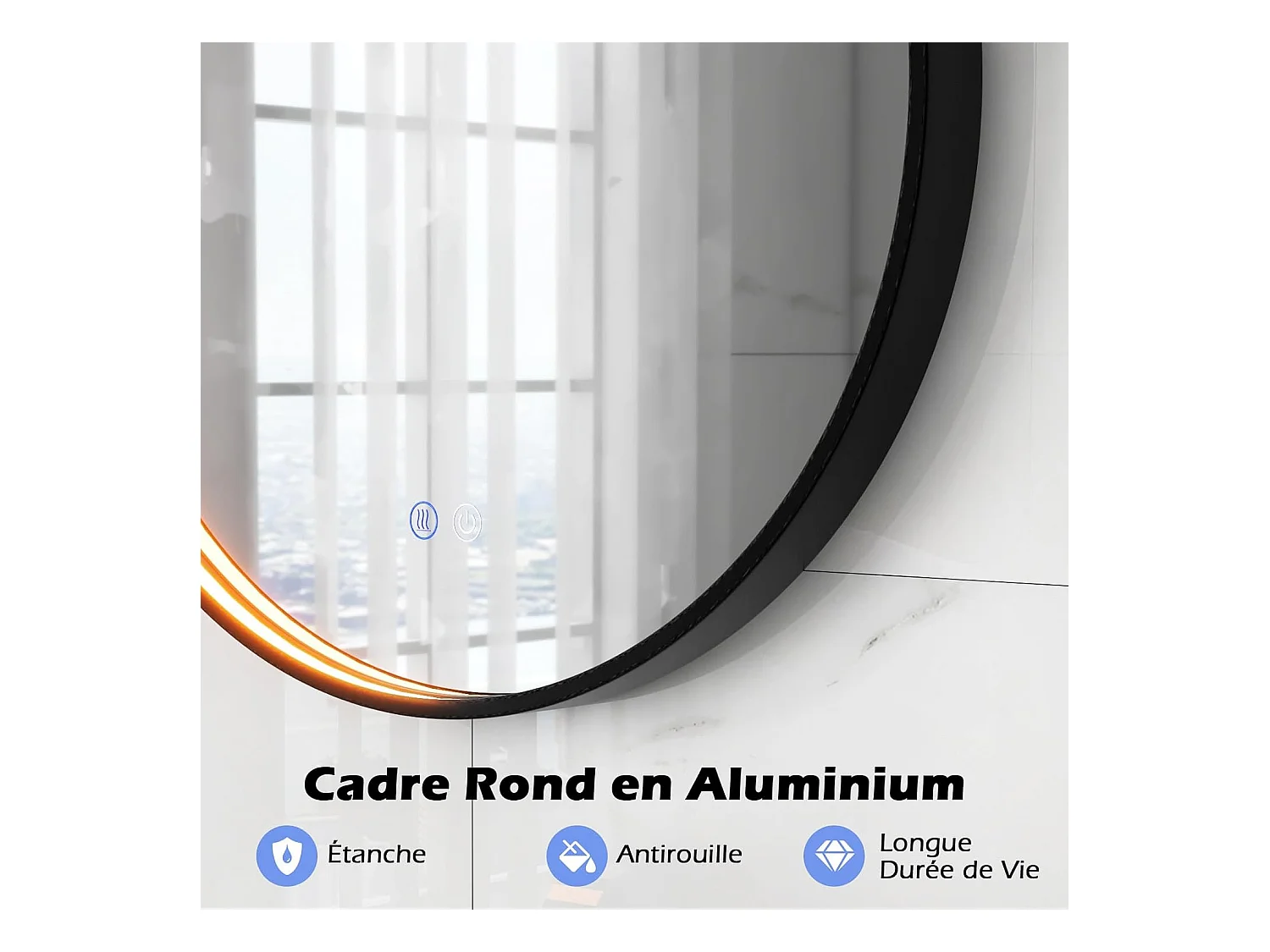 Miroir salle de bain avec eclairage 60 x 60 cm, miroir mural, interrupteur tactile