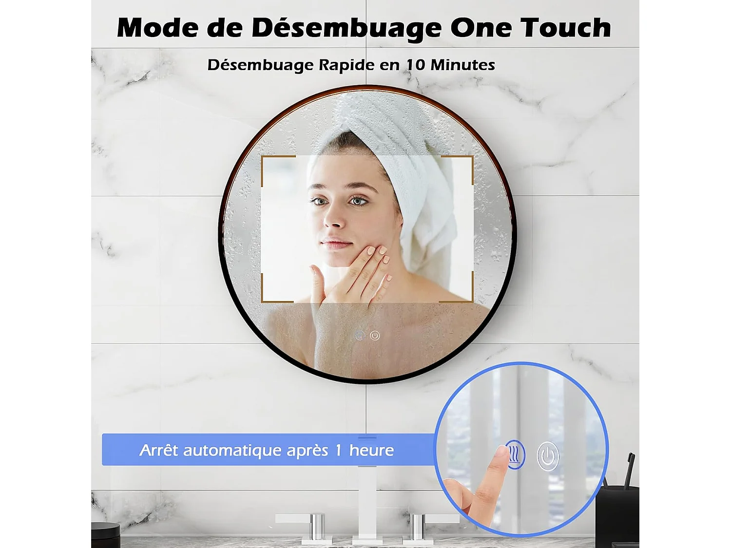 Miroir salle de bain avec eclairage 60 x 60 cm, miroir mural, interrupteur tactile