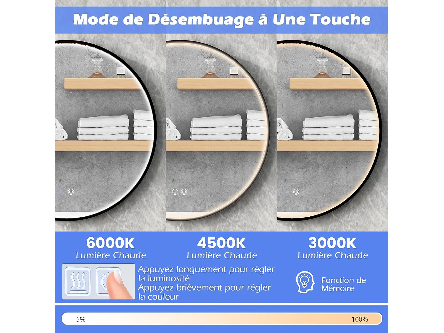 Miroir salle de bain avec eclairage 60 x 60 cm, miroir mural, interrupteur tactile