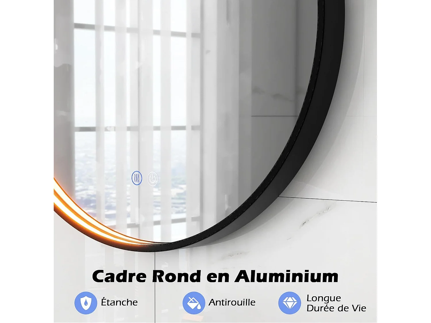 Miroir salle de bain avec eclairage 60 x 60 cm, miroir mural, interrupteur tactile