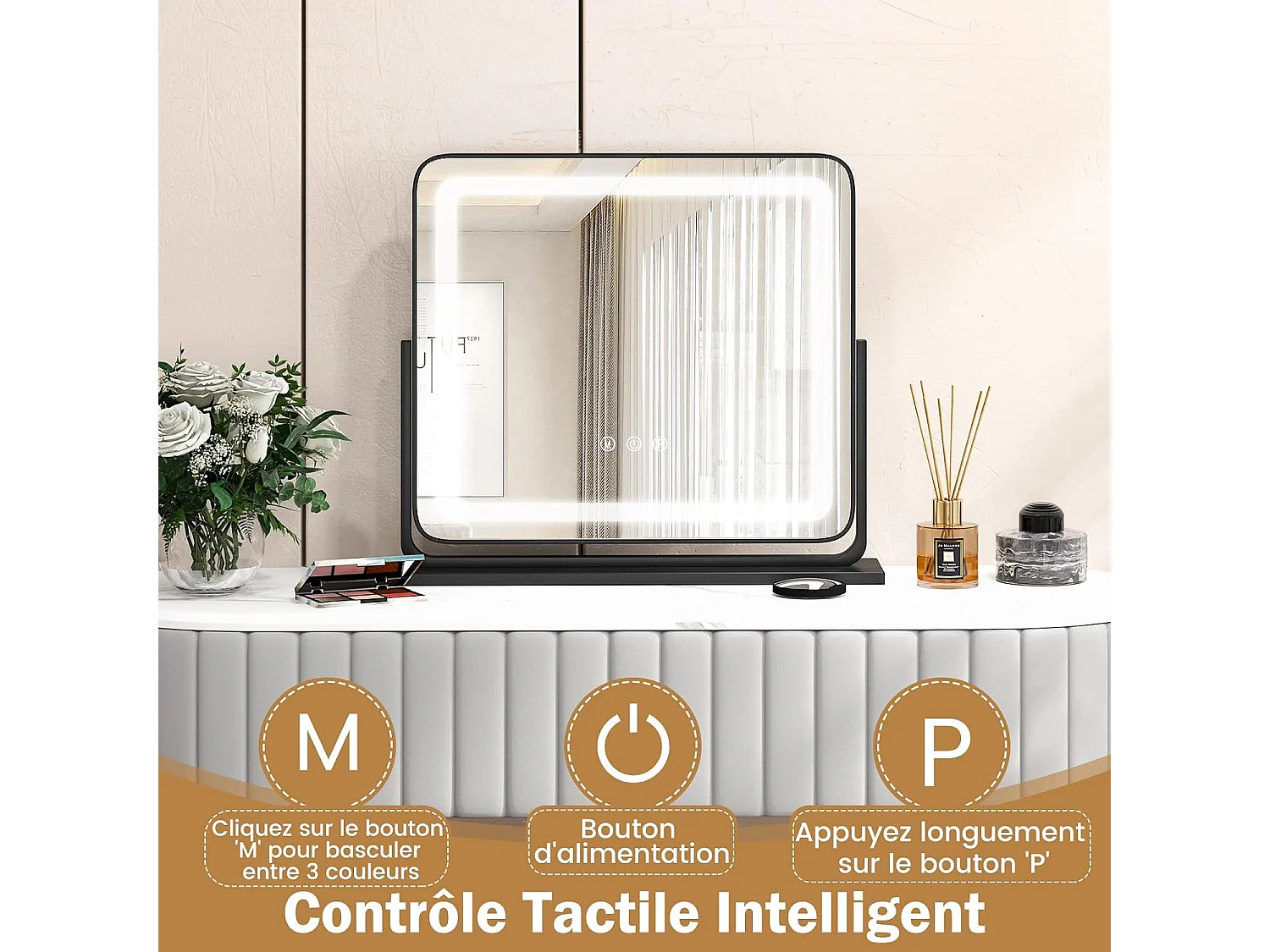 Miroir maquillage lumineux rotatif à 360°, 3 modes d’éclairage de couleur