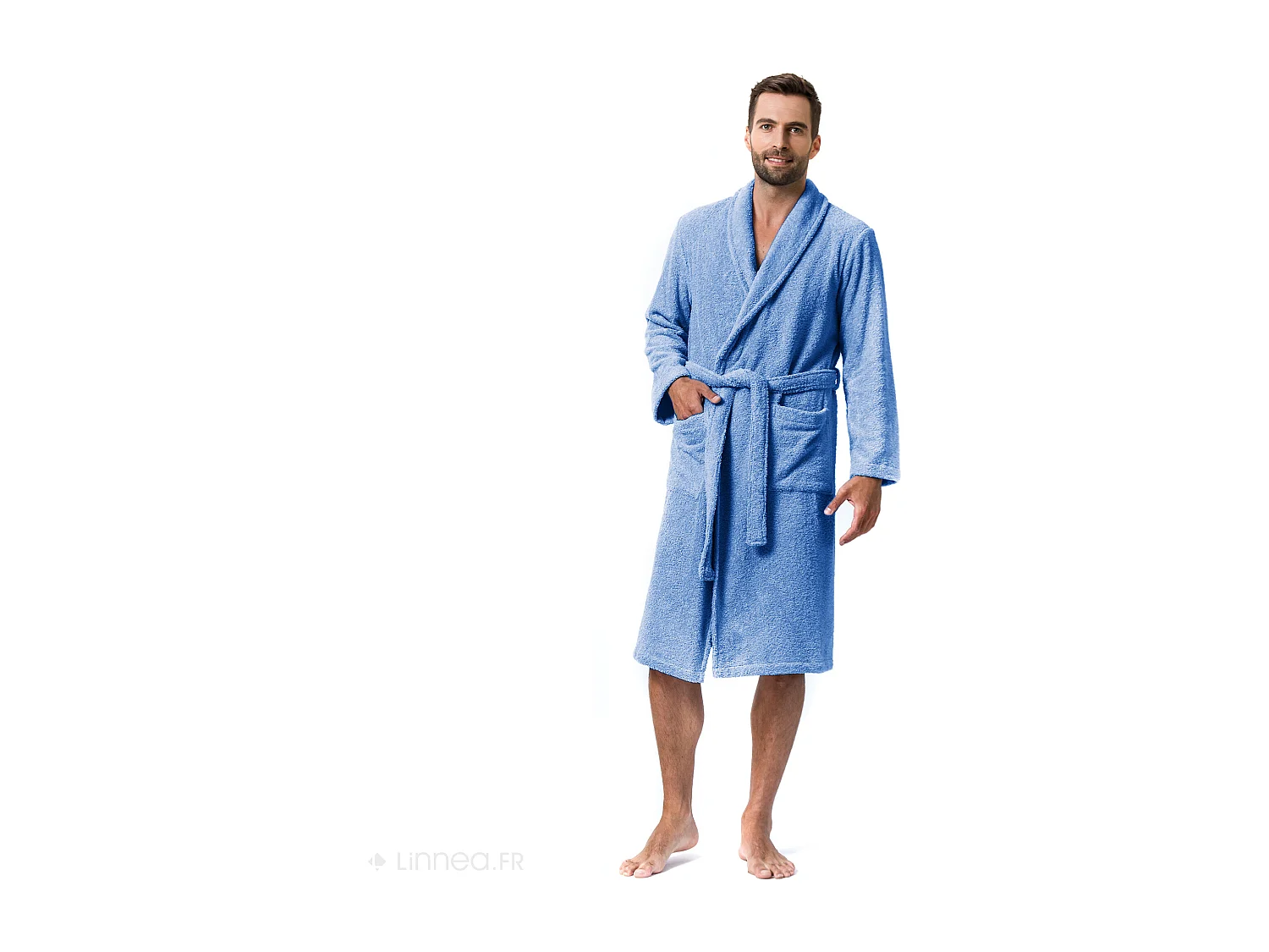 Peignoir col châle adulte PURE coton L bleu mer