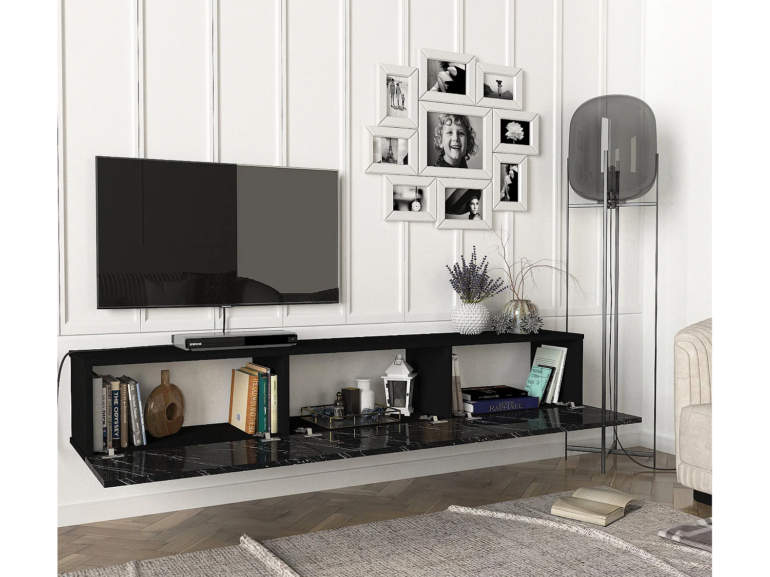 TV Lowboard Hängend Damla Schwarz Marmor (Marmor Optik)