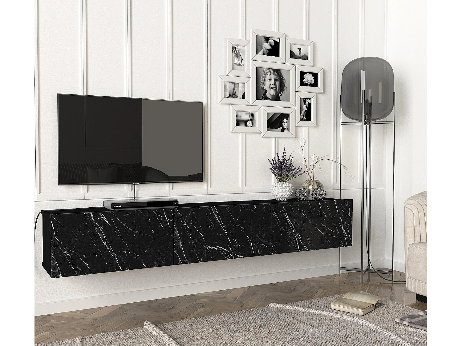 TV Lowboard Hängend Damla Schwarz Marmor (Marmor Optik)