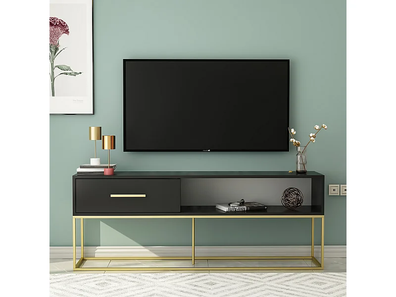 TV Lowboard Mira Schwarz Gold mit Metall Füße 9635