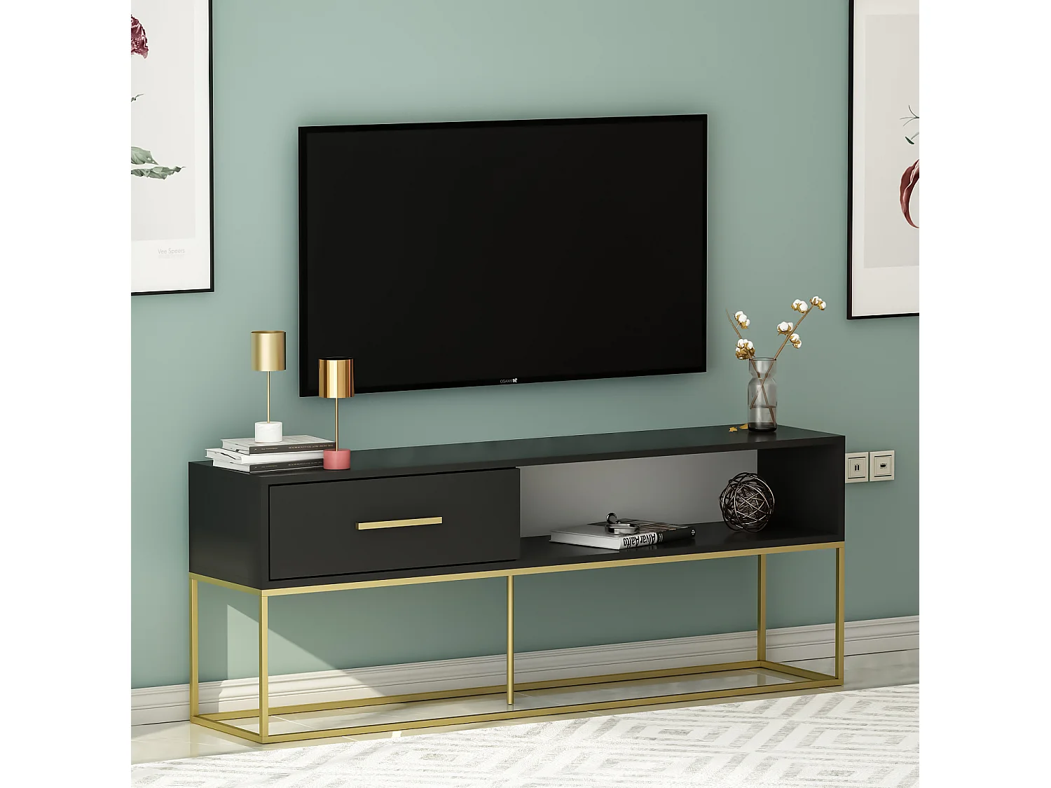 TV Lowboard Mira Schwarz Gold mit Metall Füße 9635