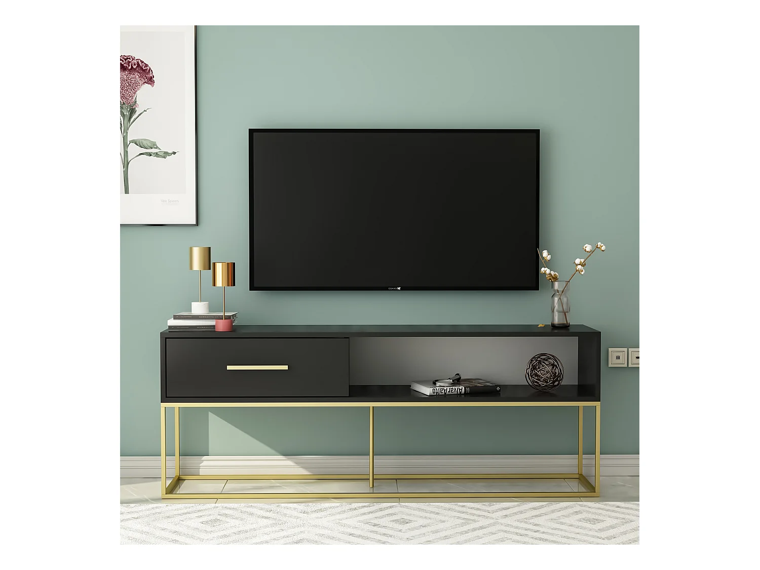TV Lowboard Mira Schwarz Gold mit Metall Füße 9635