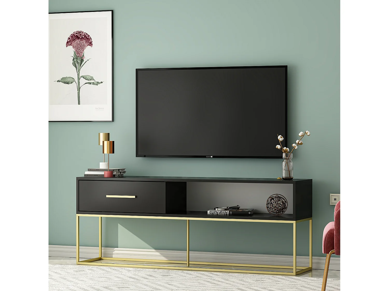 TV Lowboard Mira Schwarz Gold mit Metall Füße 9635