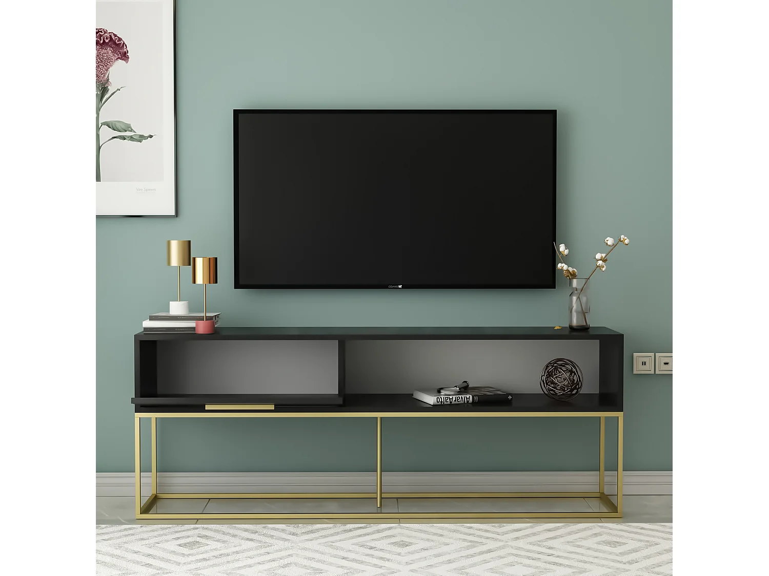 TV Lowboard Mira Schwarz Gold mit Metall Füße 9635