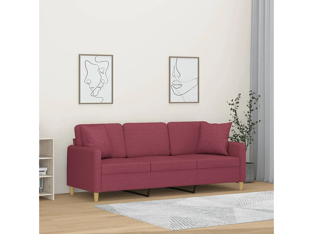Canapé 3 places avec oreillers décoratifs bordeaux 180 cm tissu