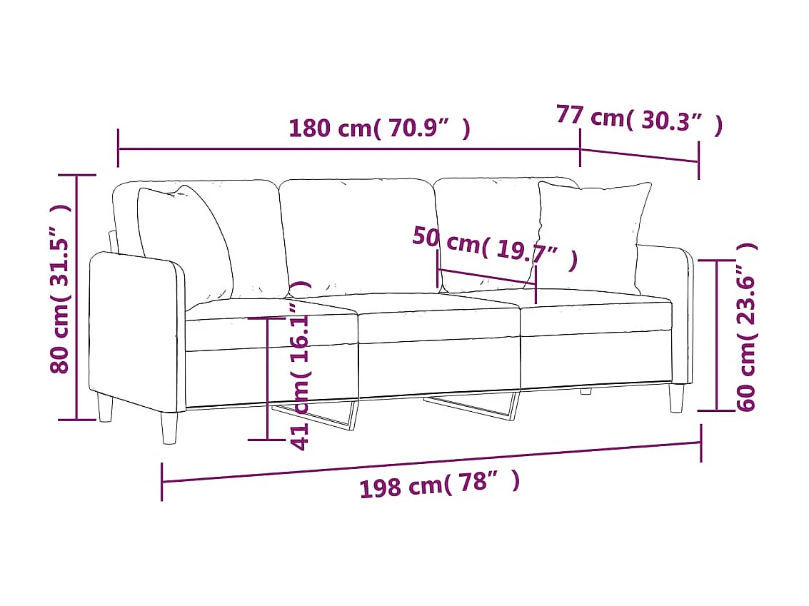 Canapé 3 places avec oreillers décoratifs bordeaux 180 cm tissu