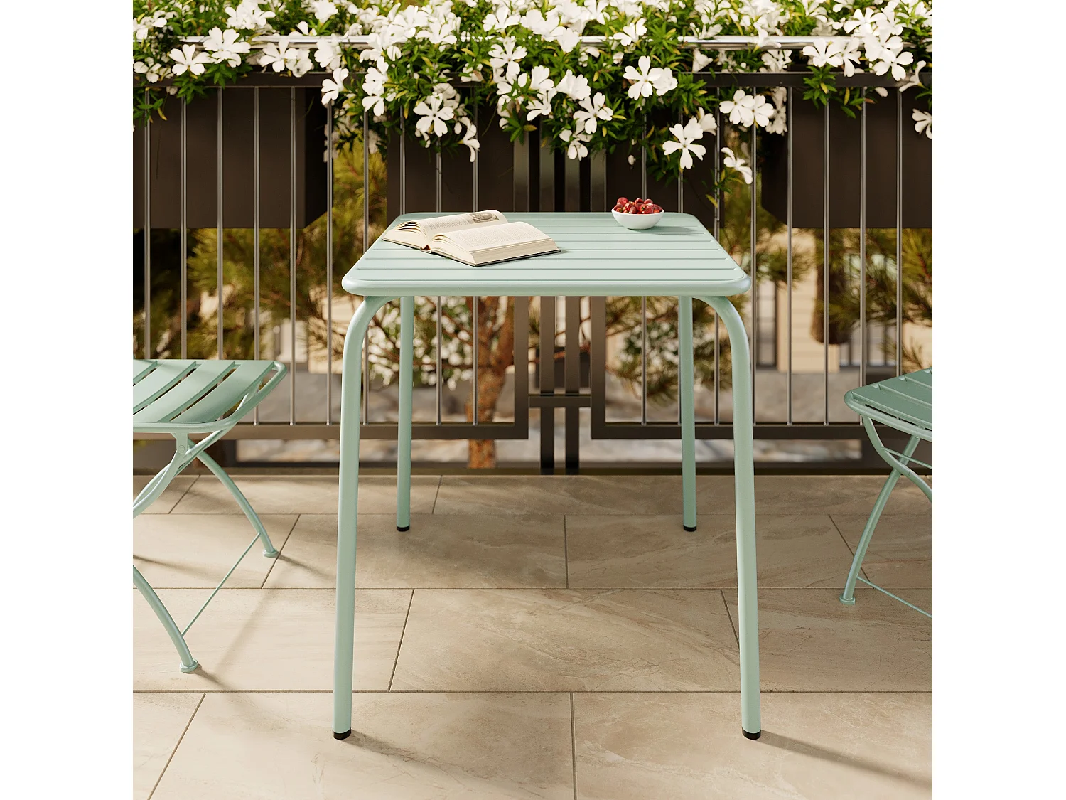 Mesa de jardín cuadrada de metal verde claro para 4 personas - Yumi
