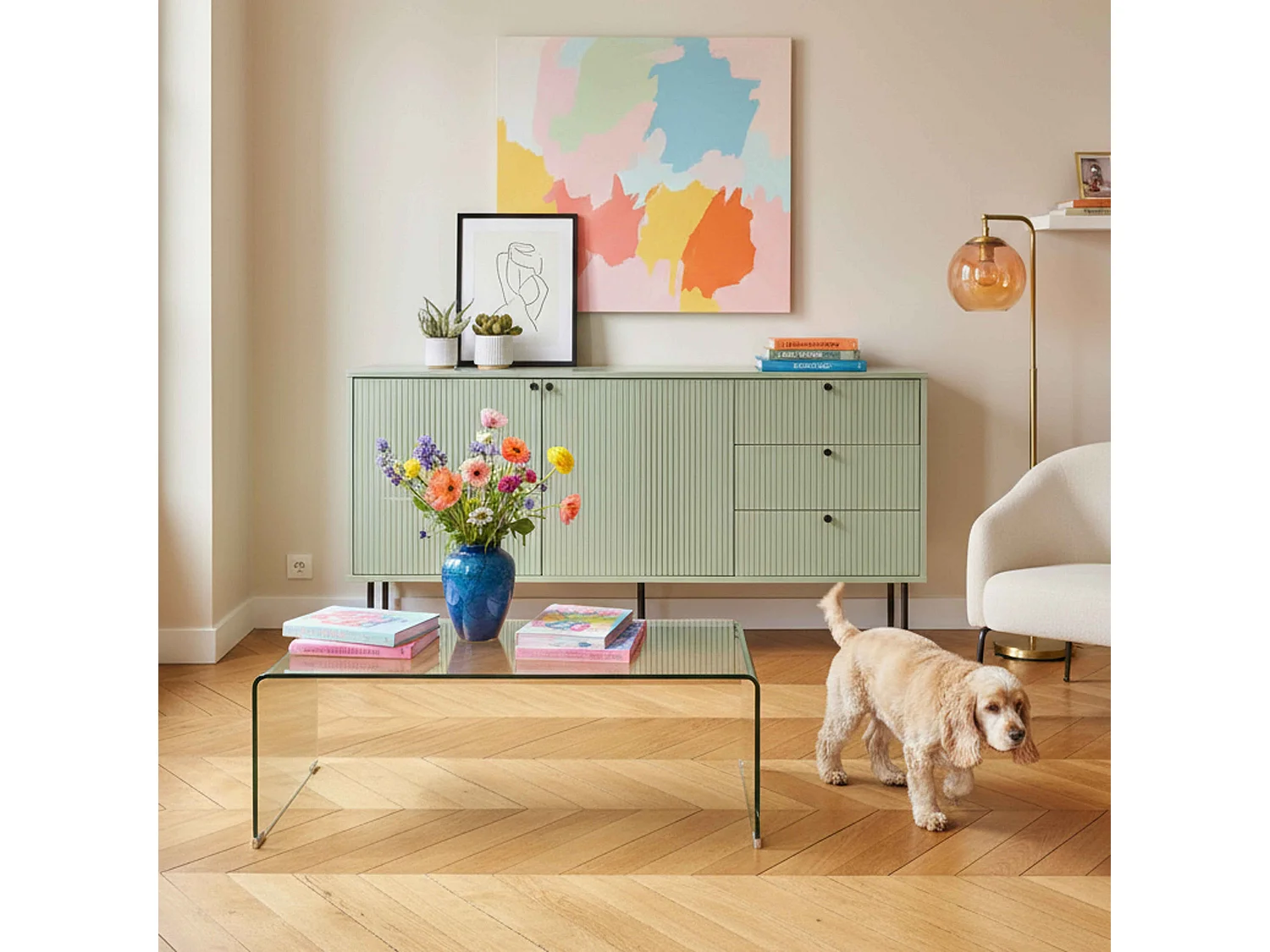 Buffet 2 portes et 3 tiroirs décor mélaminé 150 cm vert sauge