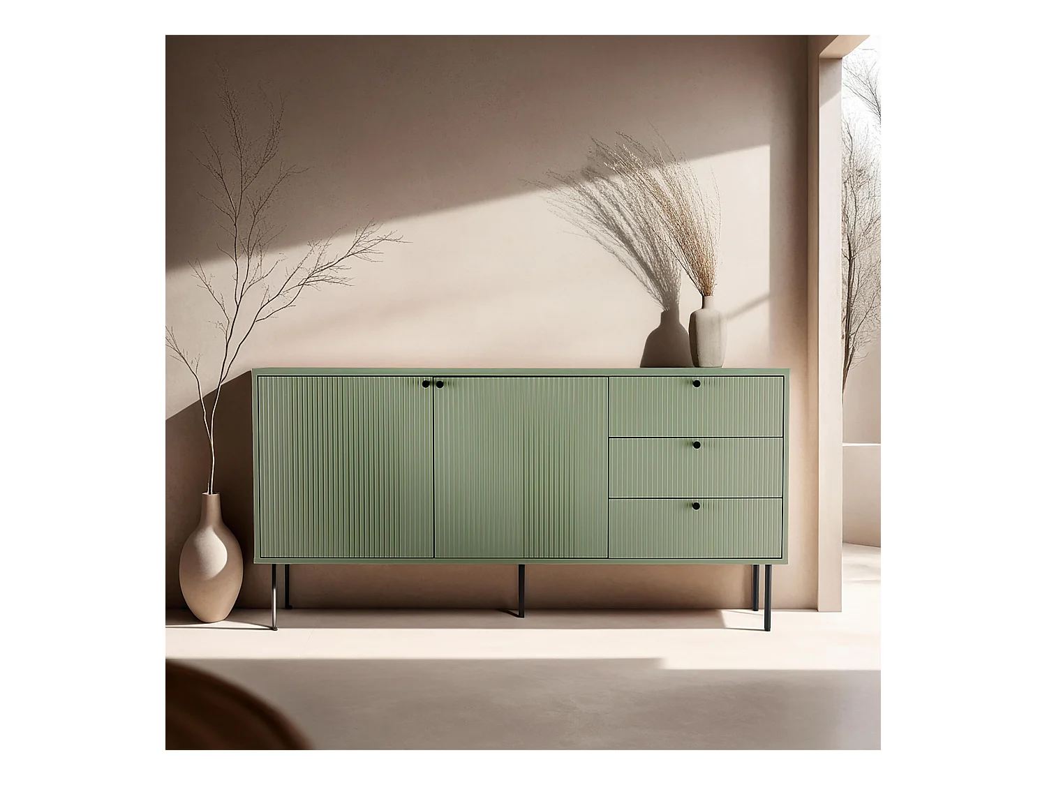 Buffet 2 portes et 3 tiroirs décor mélaminé 150 cm vert sauge