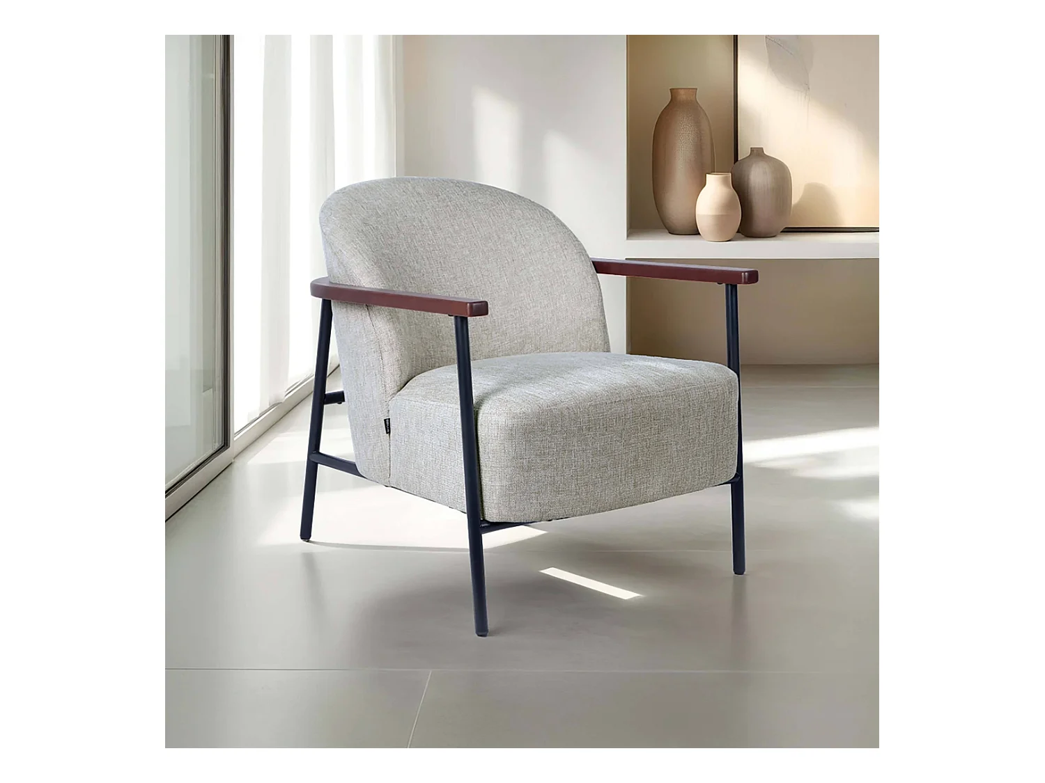Fauteuil relax en acier, bois et tissu beige