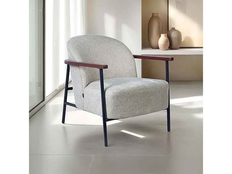 Fauteuil relax en acier, bois et tissu beige