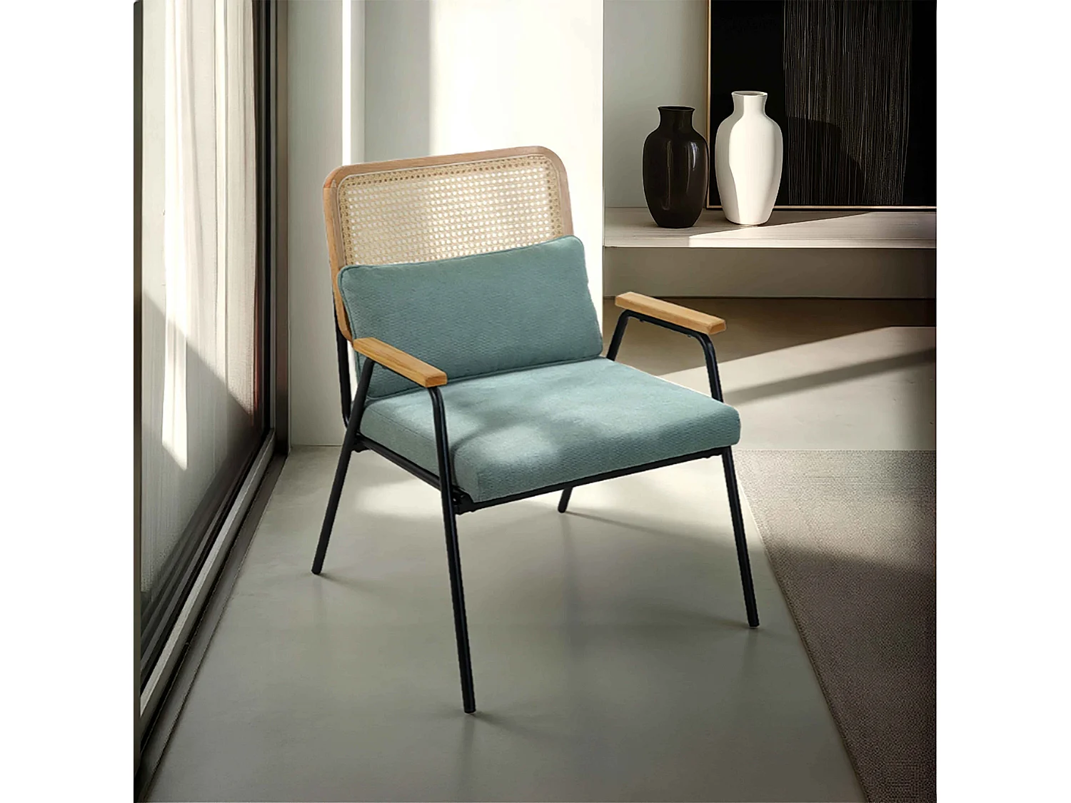 Fauteuil relax en acier, rotin synthétique et tissu vert