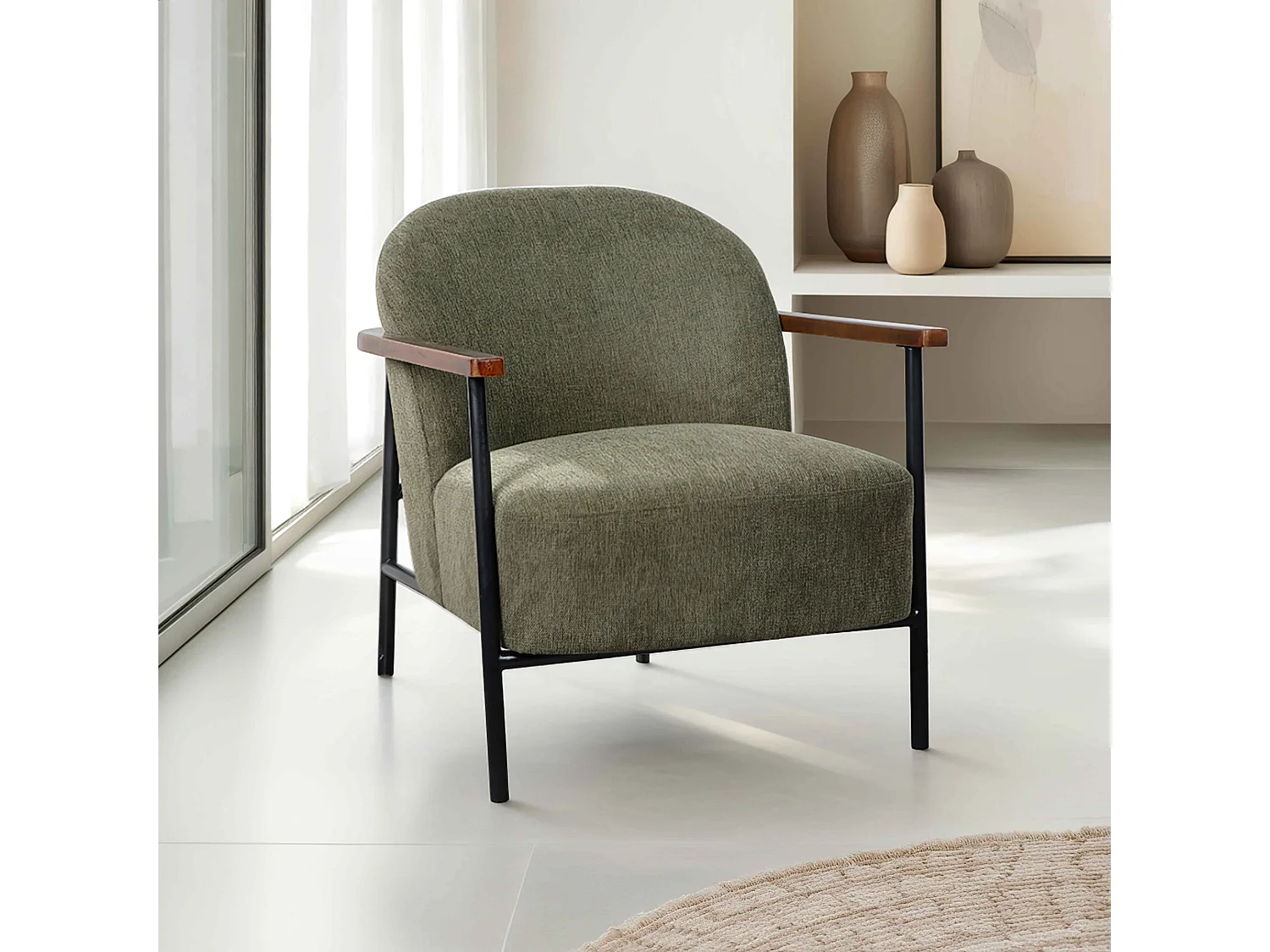 Fauteuil relax en acier, bois et tissu vert foncé