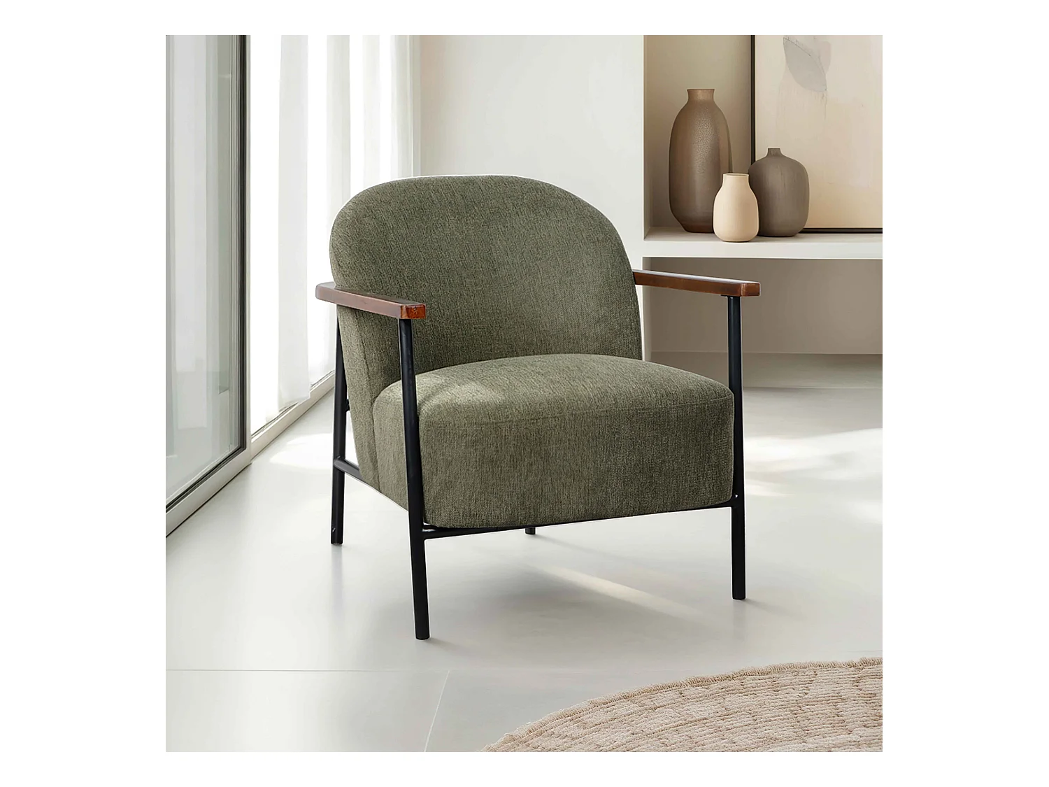Fauteuil relax en acier, bois et tissu vert foncé